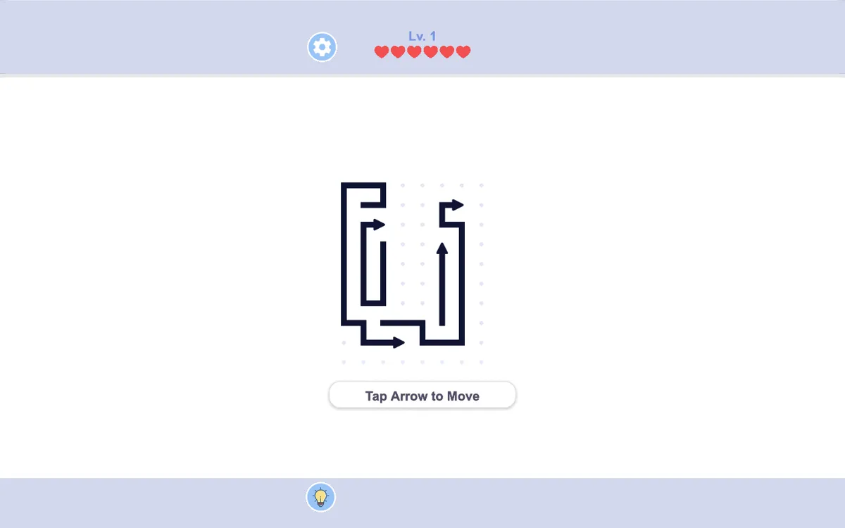 Arrows Go level with arrow paths, heart lives, and a hint button on a clean puzzle board.